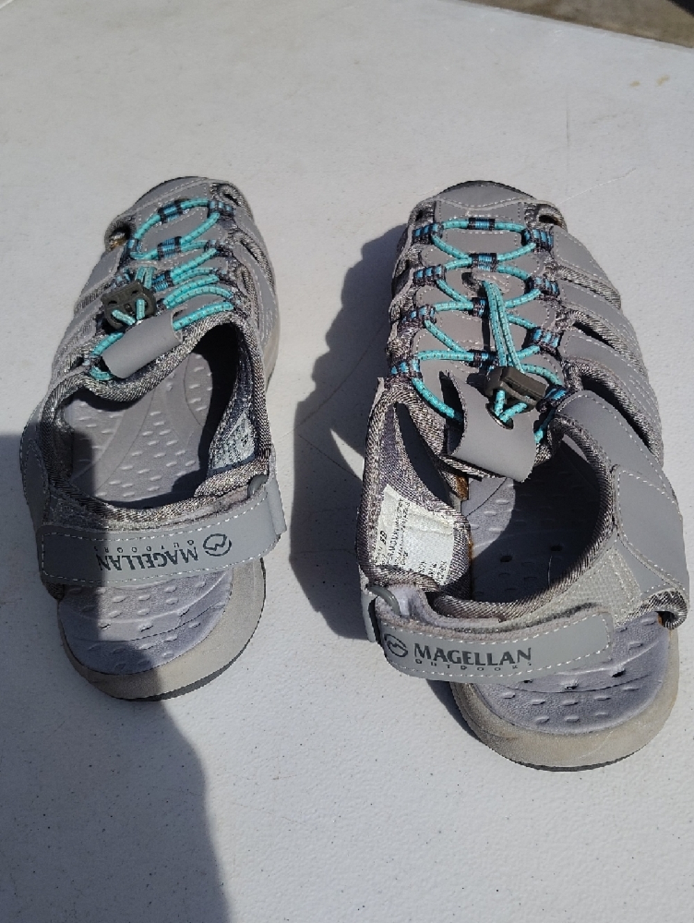 Magellan Outdoors Gray Sandals with Teal Bungee Lacing x12x - Picture 4 of 5